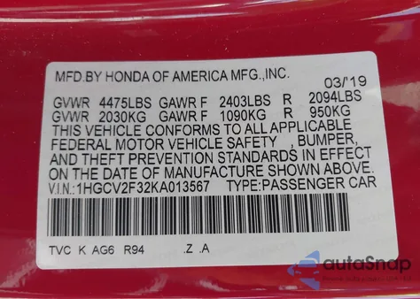 2019 Honda Accord Sport 2.0T from USA, damaged, VIN 1HGCV2F32KA013567